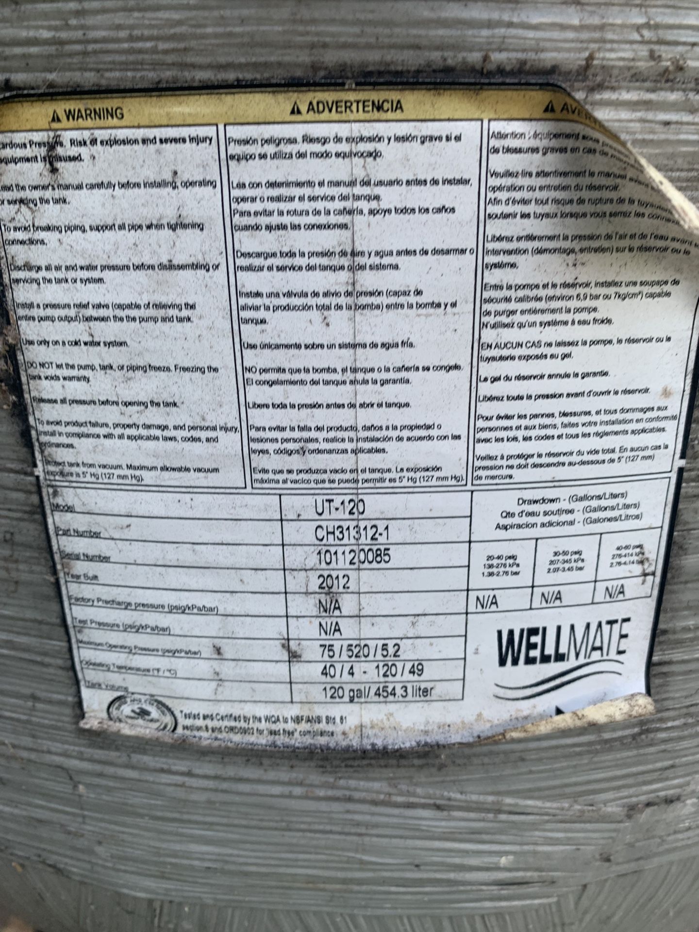 120 Gal Pressureized Water Tank