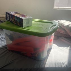 Big Box Of Hot Wheels Tracks And Nerf Guns Also Comes With Jenga
