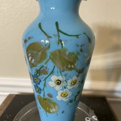 Vintage Bohemian Blue Hand Blown Hand Painted Ruffled Vase 7.5”T