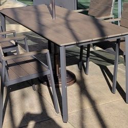 Table - Brown Wood-like Style Outdoor Patio - Metal legs & Frame With Umbrella Hole (X3) New Condition