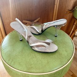 1950's Vintage Lucite Heels | Clear | Size 7.5 | Silver, Brown | Slingback