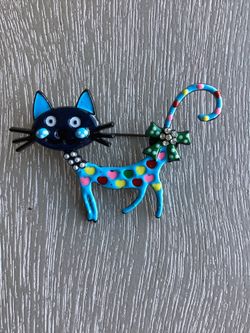 Blue Enameled Cat Brooch W/ Yellow, Pink  & Rose Hearts, Black Face & Green Bow Adorned W/ Rhinestones