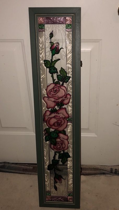 BEAUTIFUL 39”x8.75” VINTAGE FRAMED PINK ROSE 🌹 ART GLASS DISPLAY PANEL