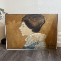 Vintage 1960s Original Oil Portrait – Signed & Framed Mid-Century Woman Profile