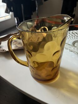Vintage Hazel Atlas Eldorado AMBER Thumbprint Glass Pitcher Kitchen Dining For Summer Parties