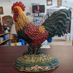 Vintage Cast Iron Rooster Door Stop Hand Painted Country Decor