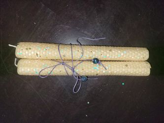 PAIR GLITTERED BEESWAX TAPER CANDLES