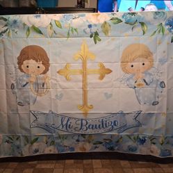 Mi Bautizo Backdrop Blue Boy Party