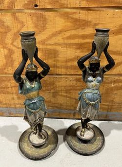 Pair of Egyptian Revival Cold Painted Figural Candlesticks, Austria Circa 1800s