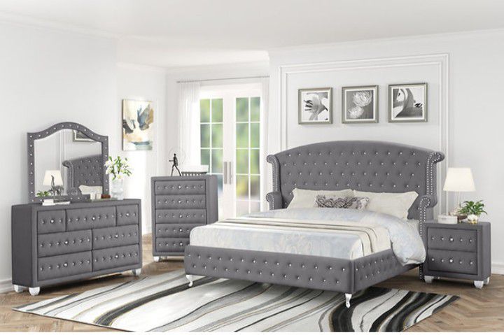 New King Size 4pc Grey Olivia Bedroom Set With Dresser Mirror Nightstand Bedframe Without Mattress Free Delivery 