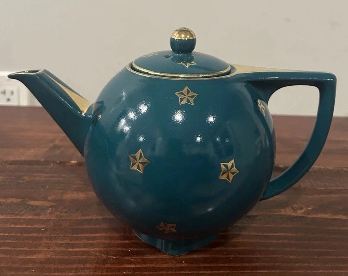 Hall Teapot Tea Pot Ceramic Green Gold Star Trim 0740 Vintage Retro USA 6 Cup