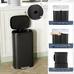 C118 $50  13.2 Gal Step Kitchen Trash Can, Stainless Steel Garbage Bin, Black Large Garbage Can with Removable Inner Bucket, Foot Pedal, Soft-close Li