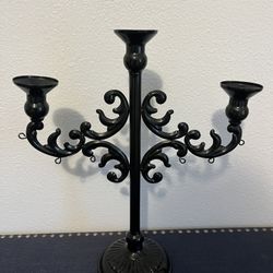 3 Arm Candelabra - 15 In Tall Glossy Black Tapered Candle Holder Scroll Elegant