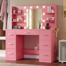 Vanity Desk with Mirror and LED Lights, Makeup Vanity with 7 Drawers & 4 Shelves, Vanity Table with Power Outlet for Bedroom Dressing Room, Light Pink