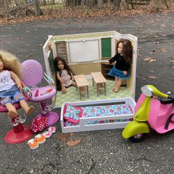 Our Generation Doll Lot (Schoolhouse, Moped, Salon Chairs, & 3 Dolls) 