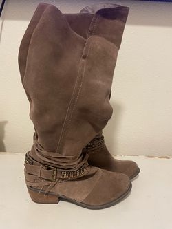 Tall Brown Suede Boots with Studded Buckle Straps