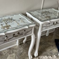 Asian Pair End Table Or Nightstand White Oyster Shell Top Glass 
