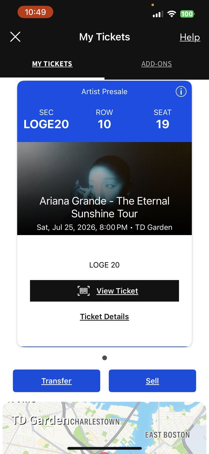 Ariana Grande Concert Ticket in Boston on July 25, 2026