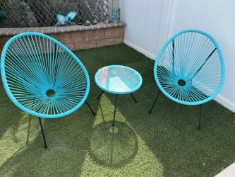 Set of 3 Blue Patio Conversation Sets Metal Acapulco Chair and Glass End Table with Outdoor Weatherproof Rattan
