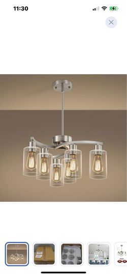 “New”6-light (22”)farmhouse chandelier brushed nickel clear glass shade