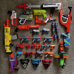 28 Nerf Guns With Darts/bullets, 3 Masks & Target Cans (over $460 New)