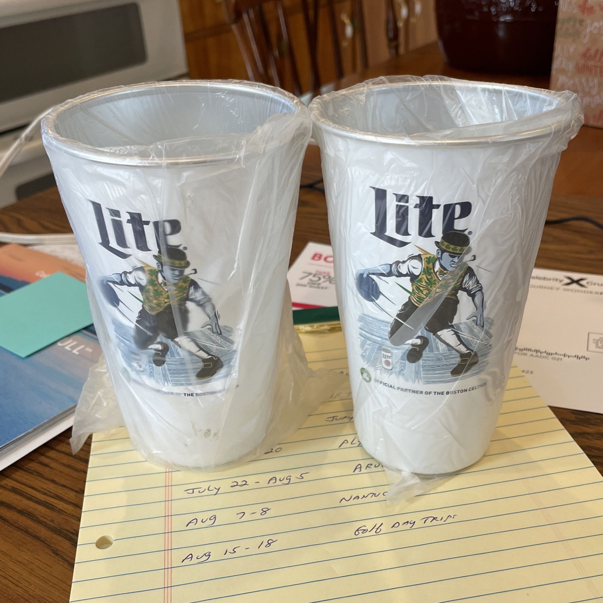 2 New Lite Beer Cooler Aluminum Beer Glasses With Celtics Mascot Lucky On them