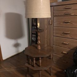 Beautiful Ethan Allan Style Lamp Table With Lamp Attached With Double Tier Table Surface And Spindles Between The Tiers