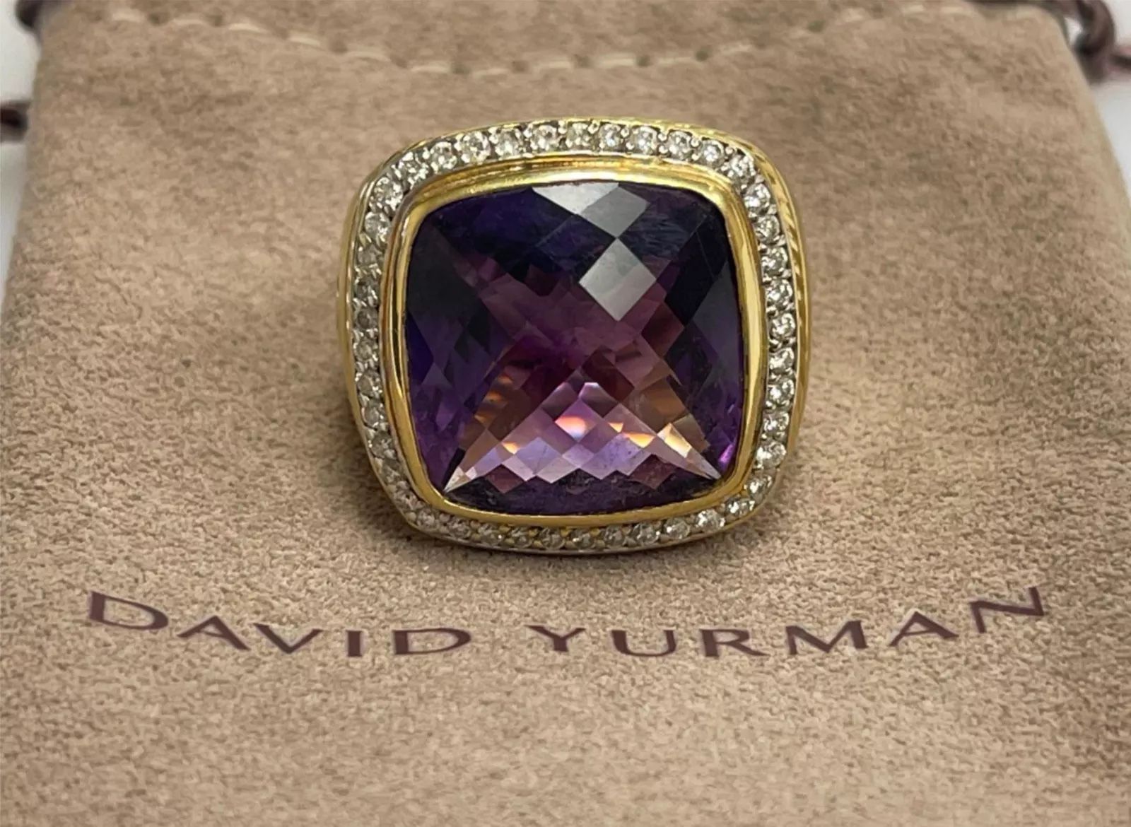 David Yurman Solid 18K Yellow Gold Amethyst Diamond Albion Cocktail Ring 21.3g