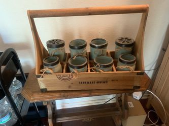 Rustic Wooden Caddy with 8 Painted Mason Jars