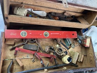 Wood Tool Box Chest tool s Stanley Vintage hand planes - Vintage Handmade Primitive True Craftsman Box With Vintage Antique Tools planes Level Pock