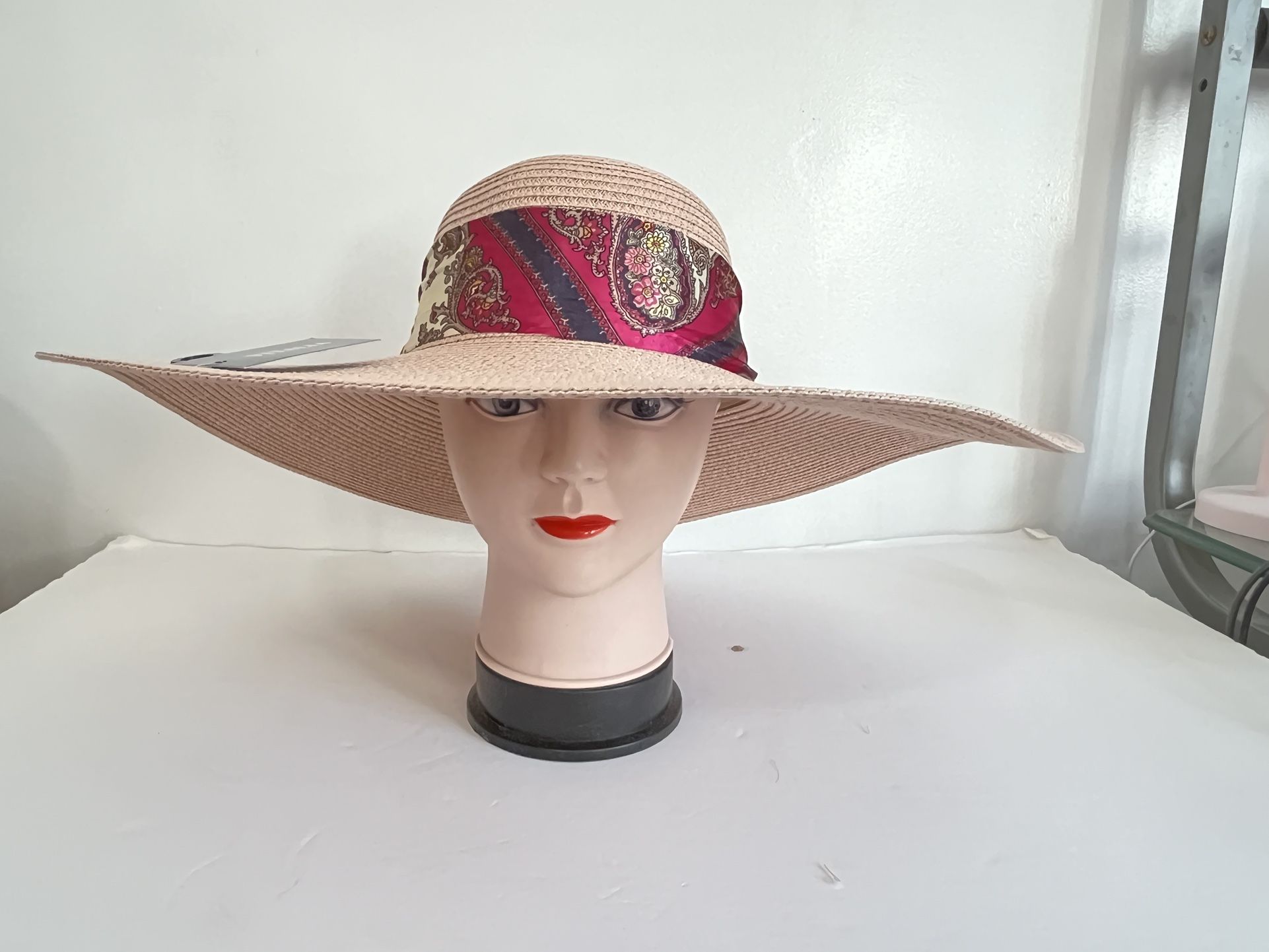 Women Fashion Floppy Summer Large Straw Hat Wide Brim Ribbon Knot- Pink