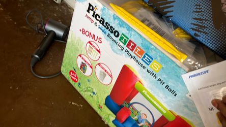 Picasso tiles, jumping slide, bouncing Playhouse with pit balls