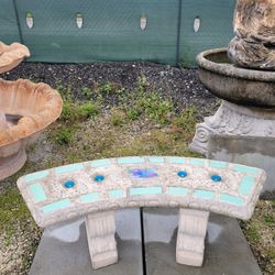 Concrete Mosaic Tile Inlay Curved Benches / Cement Garden Patio Bench / Outdoor Patio Furniture