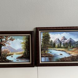 2x Pair Set E. Nelson Naturalistic Landscape River Trees Mountain Vintage Framed Oil Paintings