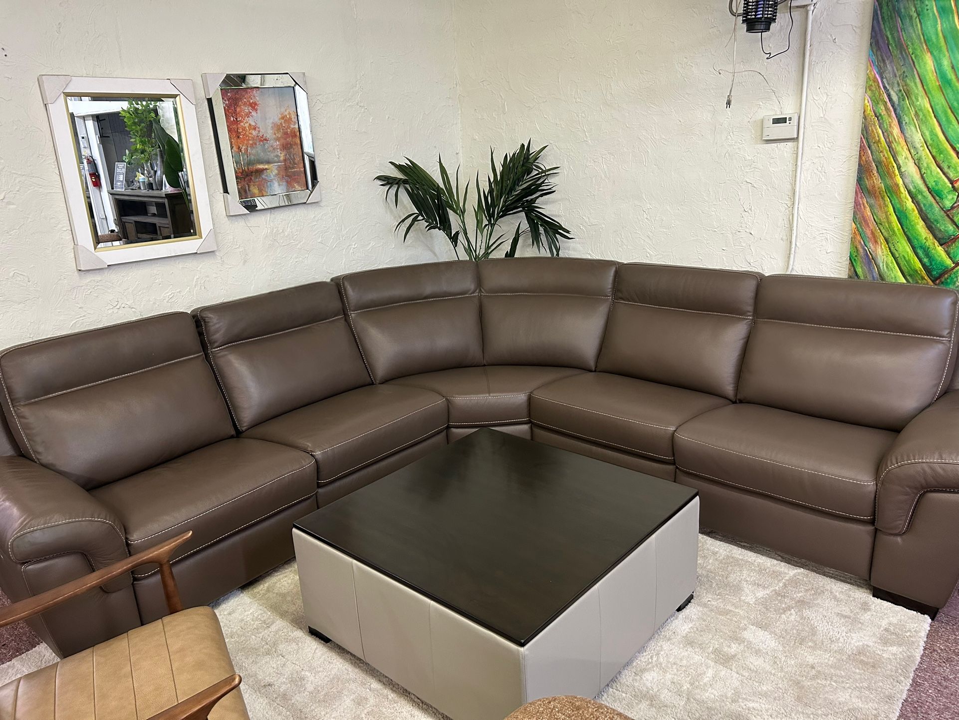 Furniture- Natuzzi 100% Real Leather 5 Pc Sectional With 3 Power Recliners- Julius