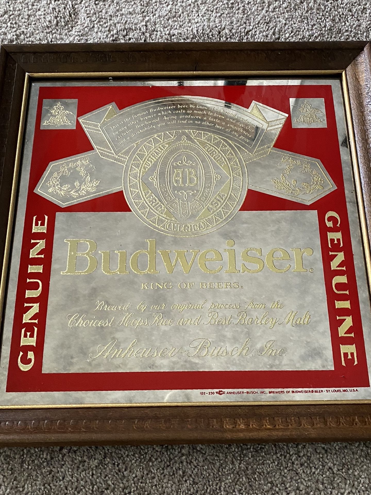 Vintage Budweiser Wood Framed Mirror Beer Sign