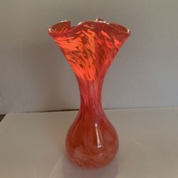 Vtg Murano Style swirl hand blown glass flower vase wavy top 7 Deep Red Orange