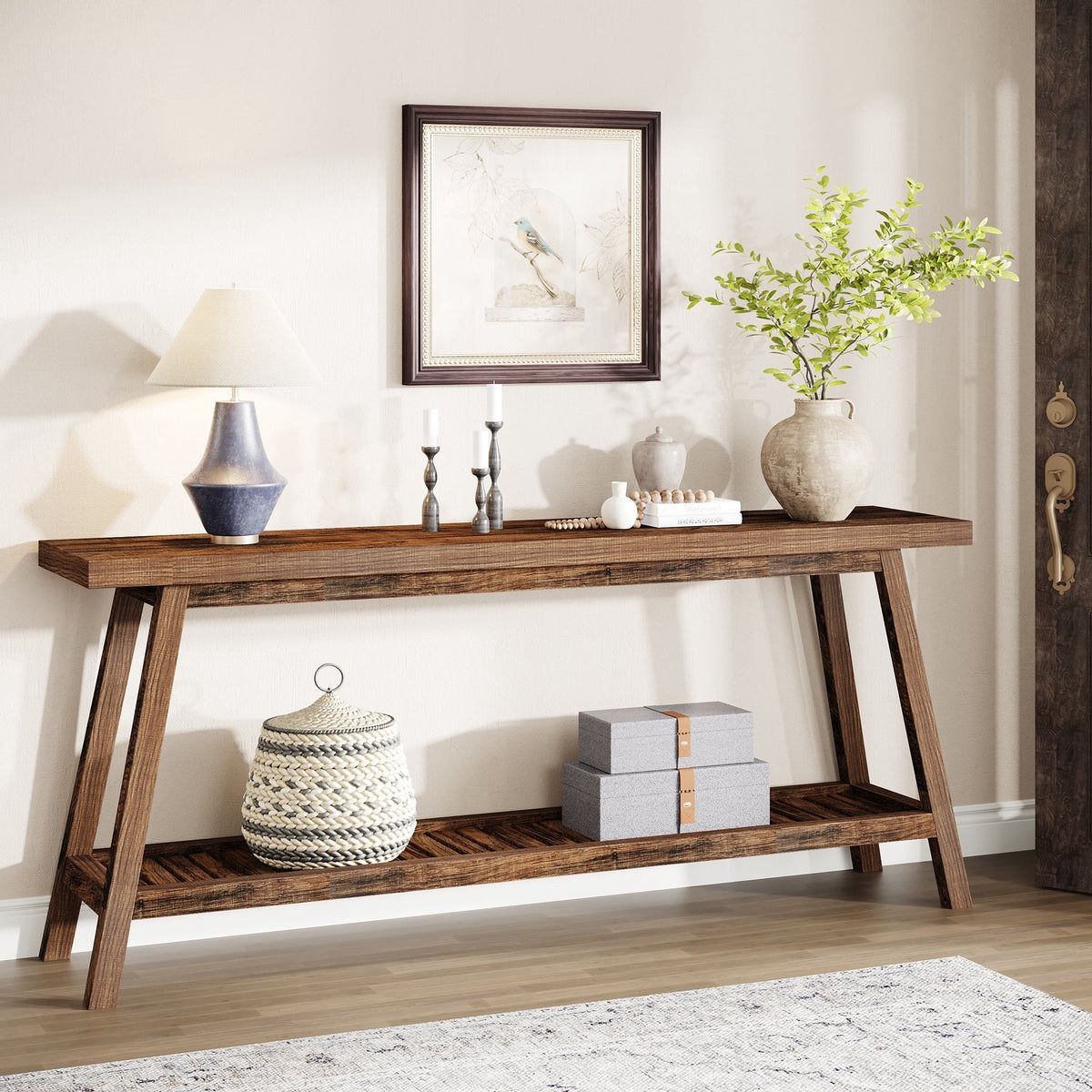 Tribesigns Farmhouse Console Table, 70.9" Entryway Table 2-Tier Sofa Table Brown