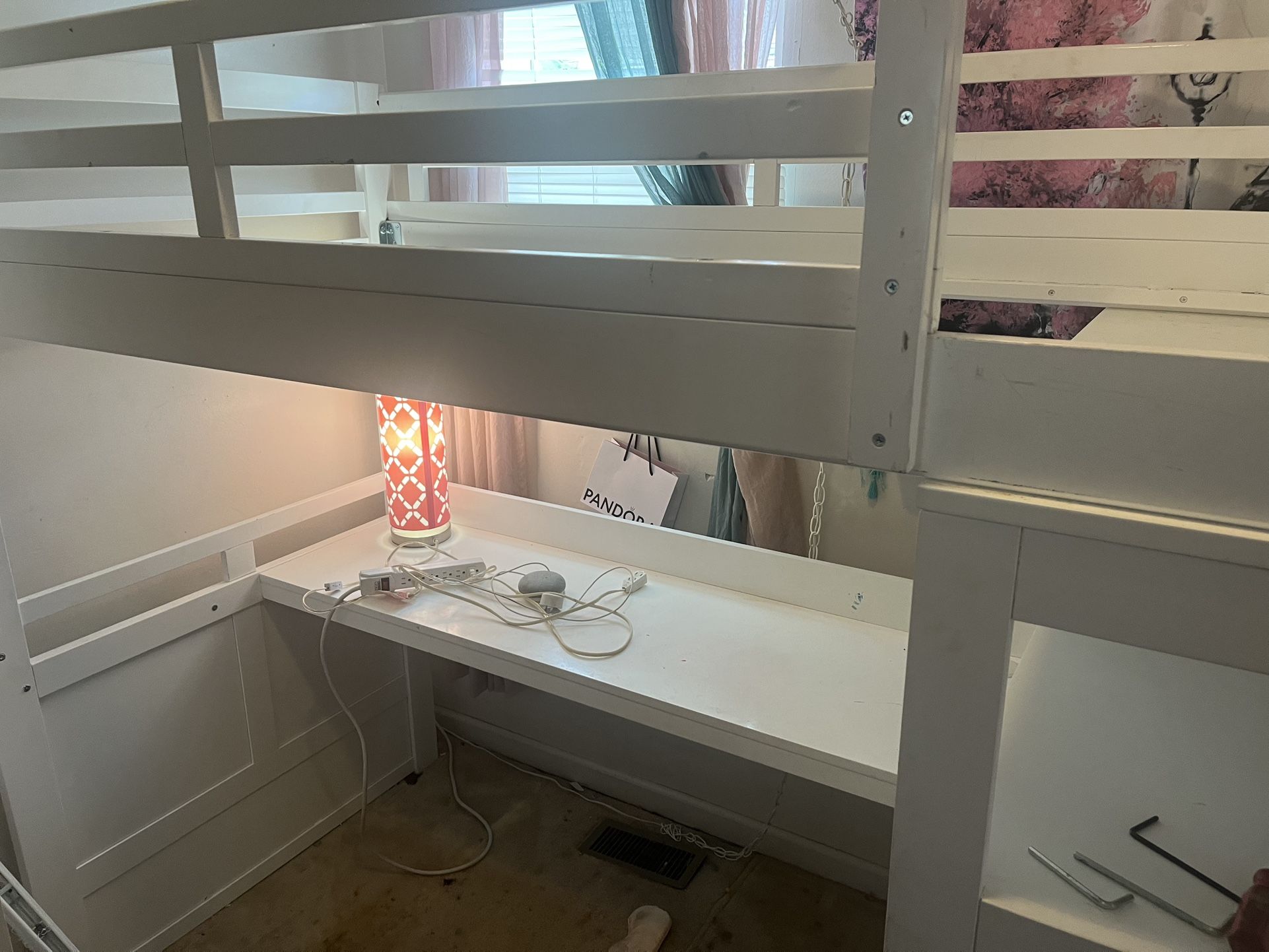 Twin size loft bed with desk and three drawer dresser and ladder