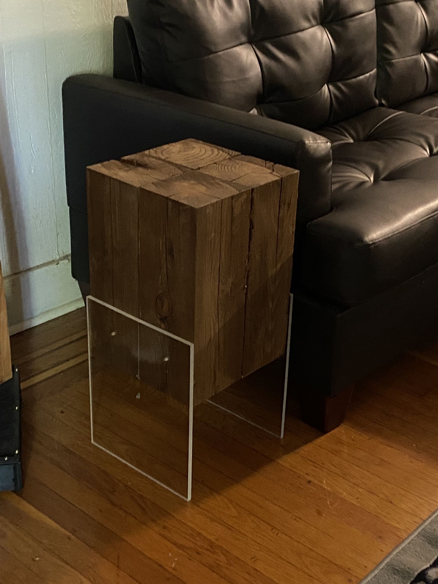 Modern Pair Handcrafted Solid Wood End Tables with Acrylic Legs