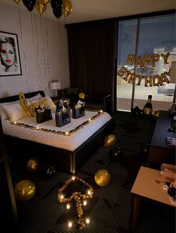 2000 Gold rose petals, black & gold balloon strings, balloon glue (2 packs new, 1 used), 292 gold stickers, & 17 white envelopes
