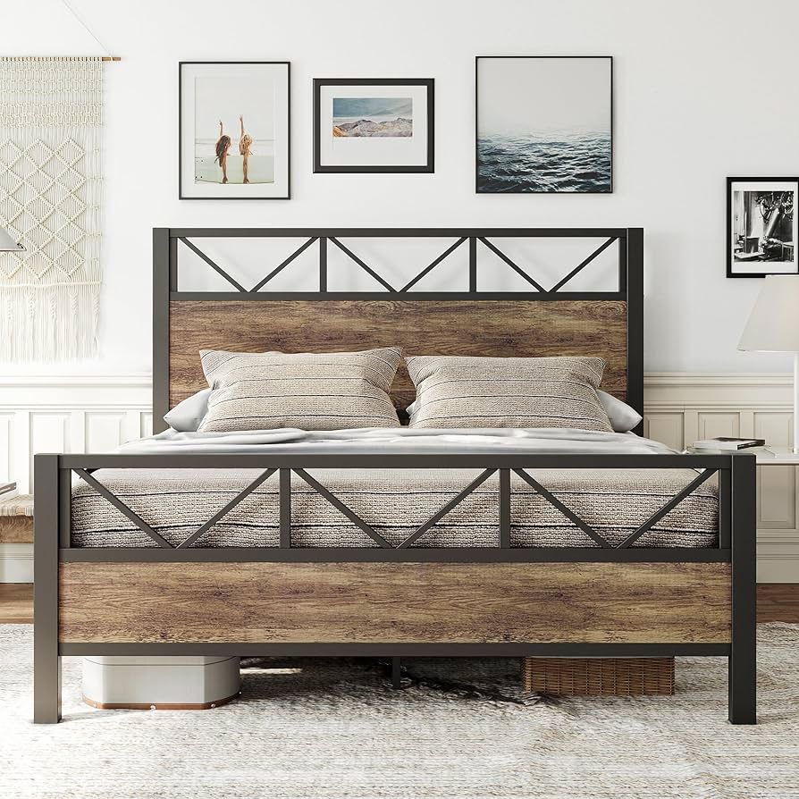 Queen Bed Frame, Tall Industrial Headboard 51.2 ", Platform Bed Frame with Strong Metal Support