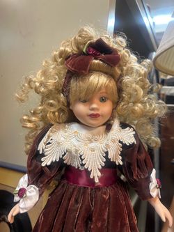 Porcelain Collector Doll Blonde Curly Hair