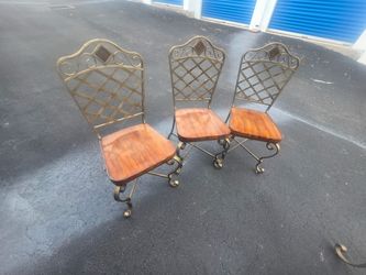 Set of 3 Wrought Iron Wood Seat Dining Chairs