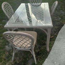 Vintage Rattan Table Set With 4 Chairs & Glass Top