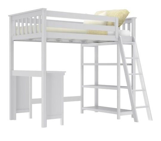 Max & Lily High Loft Bed, Twin Bed Frame for Kids With Bookcase and  Mattress  Included 