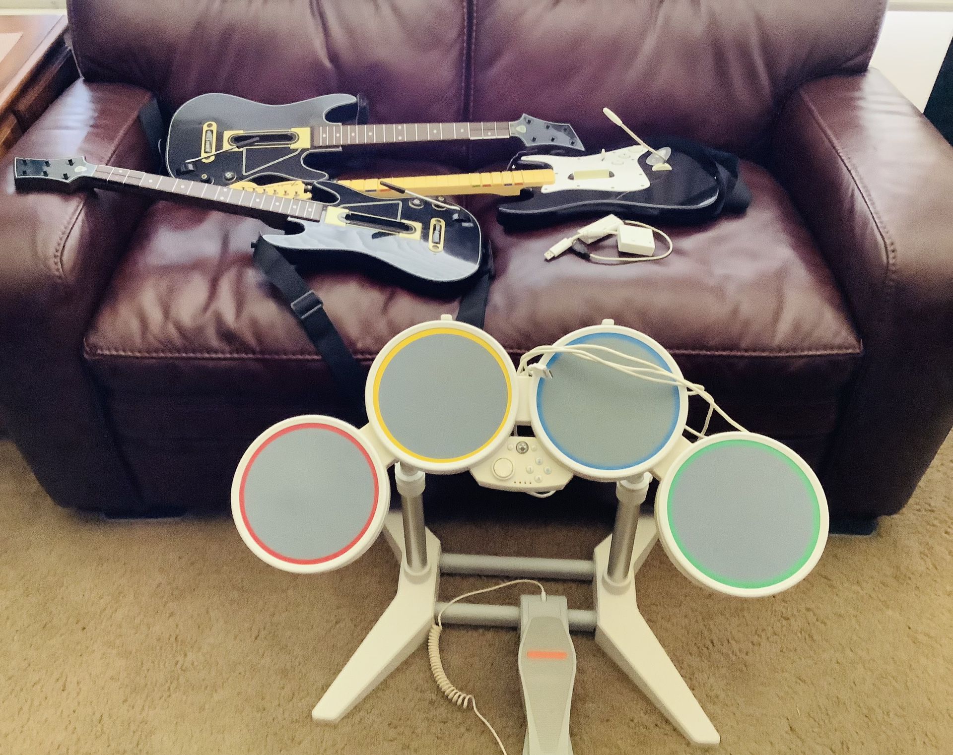 Xbox, Nintendo Wii Rock Band and Guitar Hero  Guitars And Drum Set Untested And Sold As is For Parts 