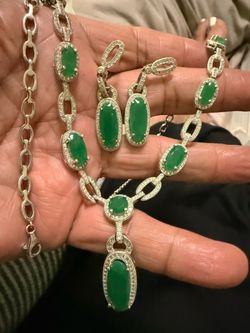 Sterling silver 925 and green Onyx, cubic, zirconia necklace, and matching earrings set