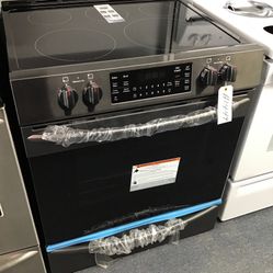 New Scratch And Dent Frigidaire Gallery 5 Burner Glass Top Black Stainless Steel Slide In Range. 1 year Warranty 