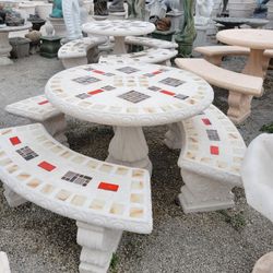 Concrete Mosaic Picnic Table with 3 Benches/ Outdoor Patio Furniture / Patio Set